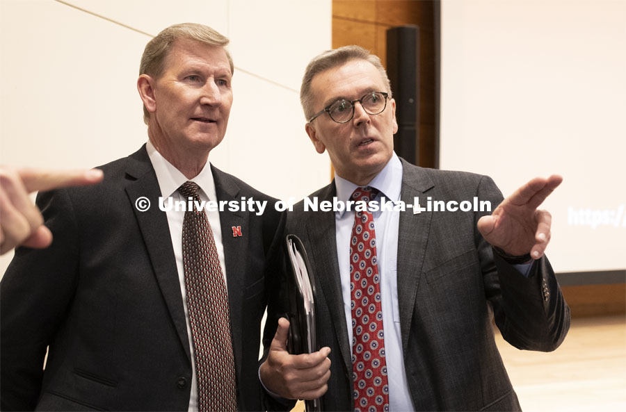 Ted Carter (left) and Ronnie Green talk prior to the start of the faculty/staff open forum in the Nebraska Union Swanson Auditorium. More than 150 university employees attended the forum. November 5, 2019. Photo by Craig Chandler / University Communication.