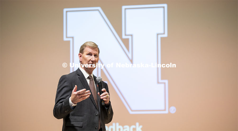 Walter “Ted” Carter Jr., the priority candidate to serve as the University of Nebraska system’s eighth president, speaks at an open forum Tuesday in the Nebraska Union’s Swanson Auditorium. November 5, 2019. Photo by Craig Chandler / University Communication.