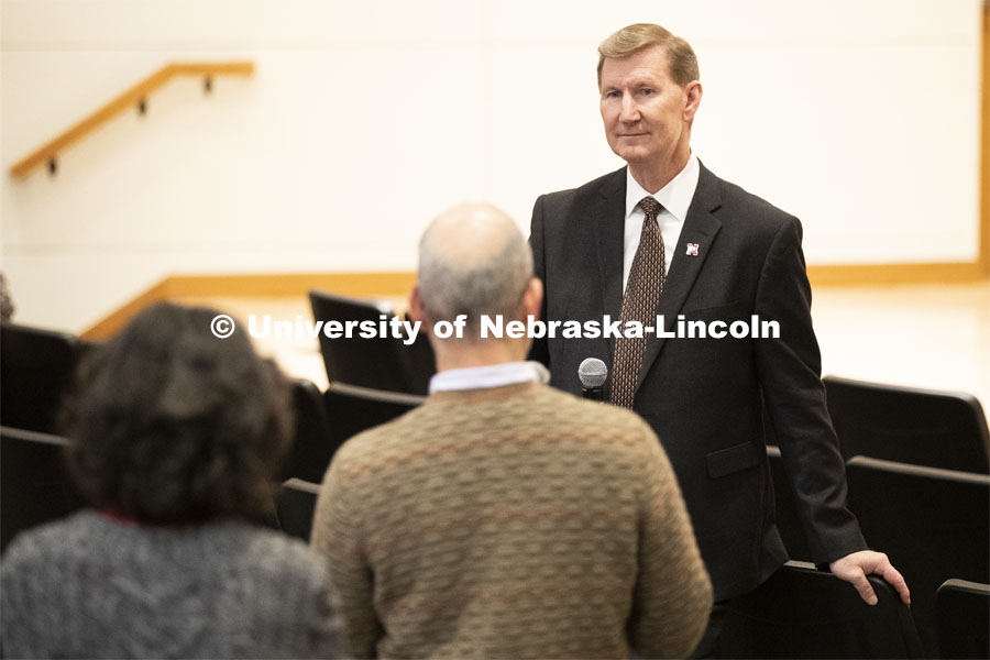 Walter “Ted” Carter Jr., the priority candidate to serve as the University of Nebraska system’s eighth president, listens to questions at an open forum Tuesday in the Nebraska Union’s Swanson Auditorium. November 5, 2019. Photo by Craig Chandler / University Communication.
