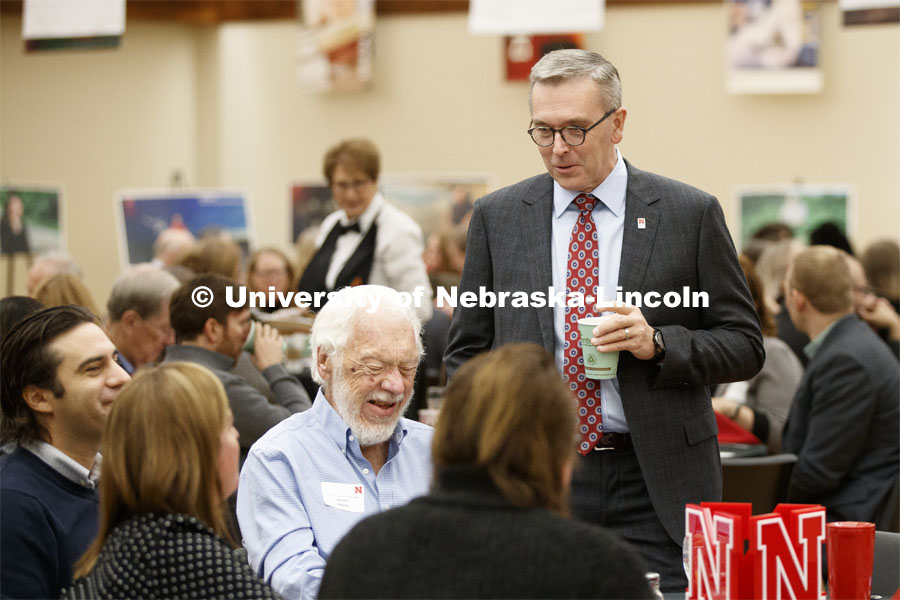 Chancellor Ronnie Green talks with James Specht and Patricio Grassini at the Nebraska Research Days breakfast. NUtech Ventures recognized University of Nebraska–Lincoln innovators and partner companies at the Innovator Celebration. The annual event honors faculty, staff, students and companies who have worked with NUtech. Nebraska Research Days. November 5, 2019. Photo by Craig Chandler / University Communication.