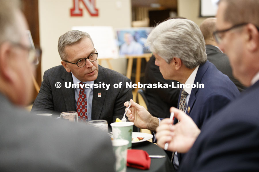 Chancellor Ronnie Green talks with Congressman Jeff Fortenberry at the Nebraska Research Days breakfast. NUtech Ventures recognized University of Nebraska–Lincoln innovators and partner companies at the Innovator Celebration. The annual event honors faculty, staff, students and companies who have worked with NUtech. Nebraska Research Days. November 5, 2019. Photo by Craig Chandler / University Communication.