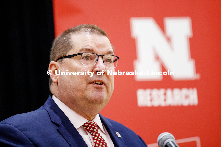Bob Wilhelm, vice chancellor for research and economic development, gives remarks at the Nebraska Research Days breakfast. NUtech Ventures recognized University of Nebraska–Lincoln innovators and partner companies at the Innovator Celebration. The annual event honors faculty, staff, students and companies who have worked with NUtech. Nebraska Research Days. November 5, 2019. Photo by Craig Chandler / University Communication.