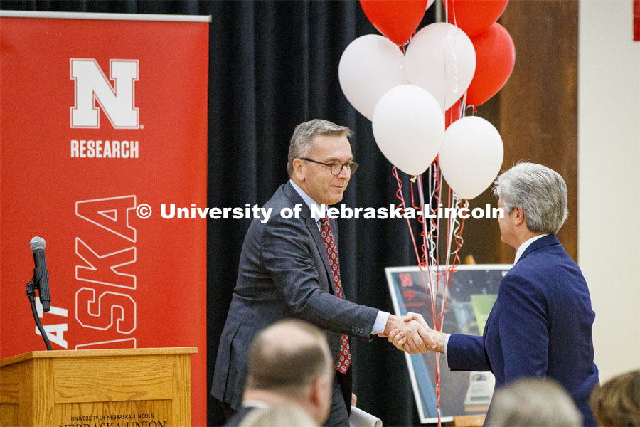 Chancellor Ronnie Green welcomes Congressman Jeff Fortenberry to the podium at the Nebraska Research Days breakfast. NUtech Ventures recognized University of Nebraska–Lincoln innovators and partner companies at the Innovator Celebration. The annual event honors faculty, staff, students and companies who have worked with NUtech. Nebraska Research Days. November 5, 2019. Photo by Craig Chandler / University Communication.