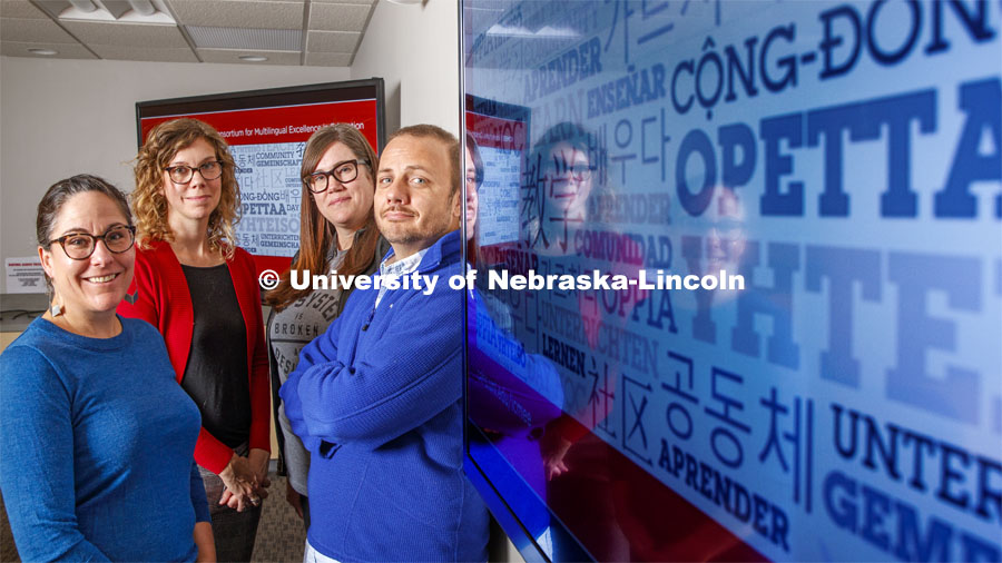 International Consortium for Multilingual Excellence in Education research team members are (from left) Lauren Gatti, Jessica Mitchell-McCollough, Kara Viesca and Aaron Johnson. November 6, 2019. Photo by Craig Chandler / University Communication.
