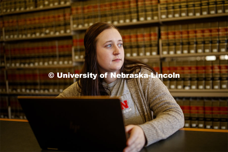 Student studying in the Law Libraray. College of Law photo shoot. November 7, 2019. Photo by Craig Chandler / University Communication.