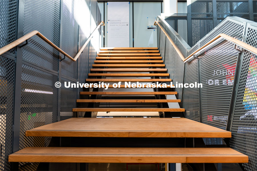 Main Stairs to the 2nd floor of the Johnny Carson School for Emerging Media Arts. November 12, 2019. Photo by Justin Mohling / University Communication.
