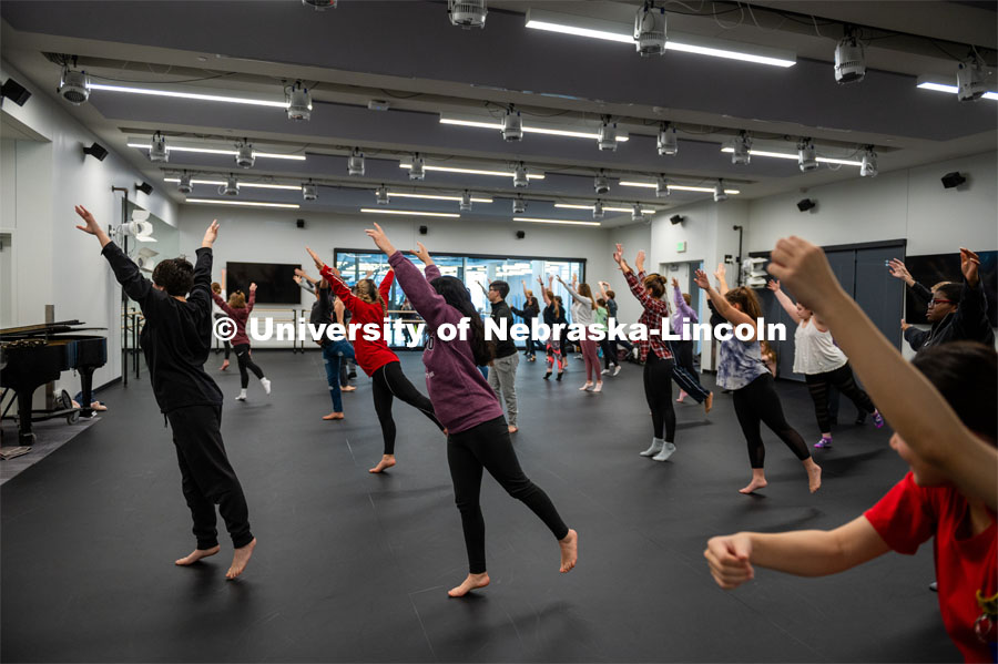 Modern Dance Class at the Johnny Carson School for Emerging Media Arts. November 12, 2019. Photo by Justin Mohling / University Communication.
