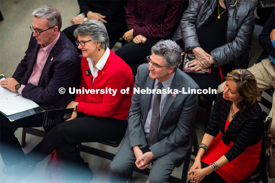 Ronnie and Jane Green and Charles and Paula O’Connor listen at the Carson dedication ceremony. Johnny Carson Center for Emerging Media Arts dedication weekend. November 17, 2019. Photo by Justin Mohling / University Communication.