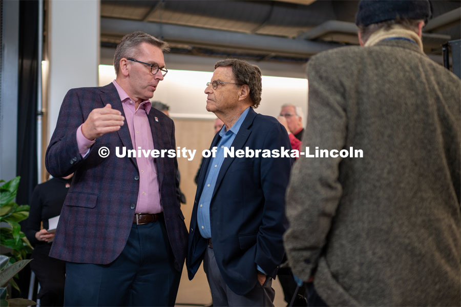 Chancellor Ronnie Green talks with president of Carson board, Allan Alexander at the dedication ceremony. Johnny Carson Center for Emerging Media Arts dedication weekend. November 17, 2019. Photo by Justin Mohling / University Communication.