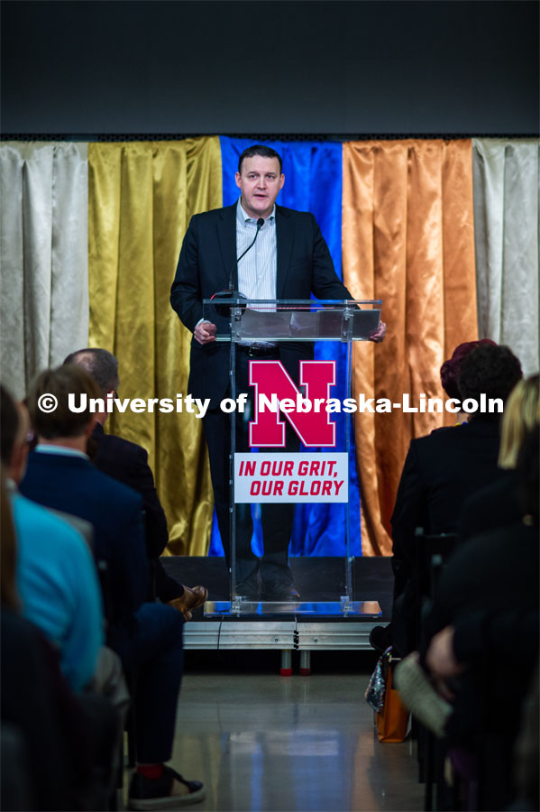 Brian Hastings, NU Foundation, makes remarks at the Carson dedication ceremony. Johnny Carson Center for Emerging Media Arts dedication weekend. November 17, 2019. Photo by Justin Mohling / University Communication.