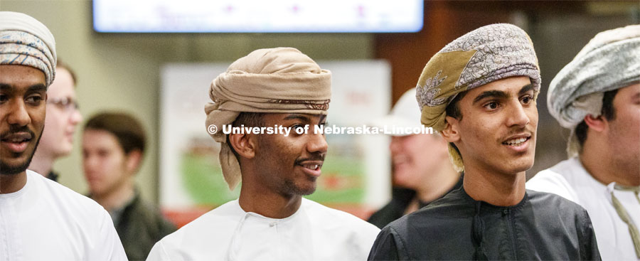 Omani students watch the performances. Global Huskers Festival, a multicultural festival provides attendees the chance to explore the world through informational booths that will have food, cultural décor, art, and more, each hosted by UNL students from those culture. November 19, 2019. Photo by Craig Chandler / University Communication.