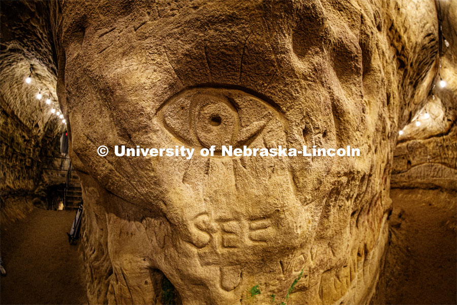 An eye watches visitors where two of the main tunnels intersect. Professor Ricky Wood uses LIDAR to digitally map Robbers Cave in Lincoln. November 22, 2019. Photo by Craig Chandler / University Communication.