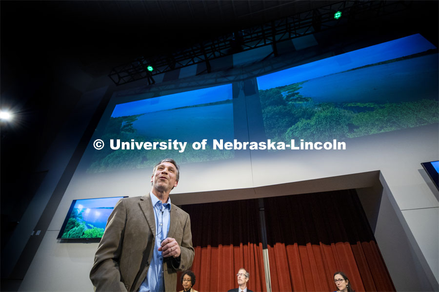 Craig Allen, Andrea Basche and Michael Forsberg present the Heuermann Lecture,  Nebraska: An Ecosystem in Harmony. In order to meet the global demand for food, fuel, feed and fiber agricultural production must increase by more than 70% by 2050. Reaching this goal will require a more efficient use of marginal lands, extensive growth in agriculture and new methods to deal with extreme weather, soil degradation and biological invasions. November 25, 2019. Photo by Craig Chandler / University Communication.