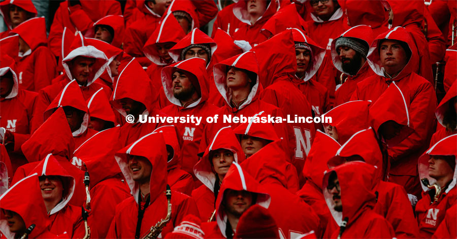 Husker Marching Band in their coats. Nebraska vs. Iowa State University football game. November 29, 2019. Photo by Justin Mohling / University Communication.