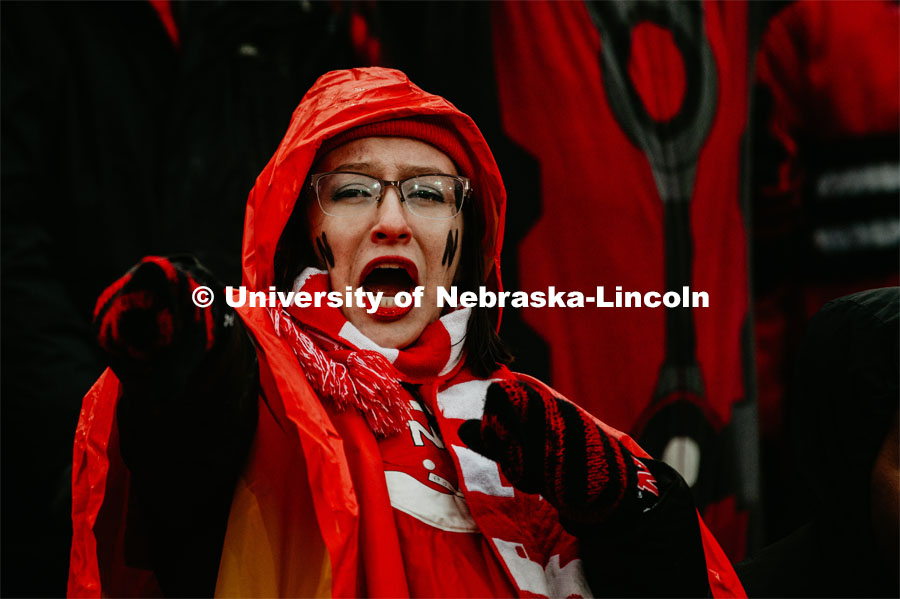 Student cheering on the crowd. Nebraska vs. Iowa State University football game. November 29, 2019. Photo by Justin Mohling / University Communication.