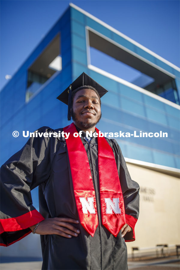 Quincey Bernard, an international business student graduating this December, plans to use what he's learned at Nebraska over the last three years to give back to his home country of Haiti. Quincey is pictured in front of Hawks Hall. December 6, 2019. Photo by Craig Chandler / University Communication.