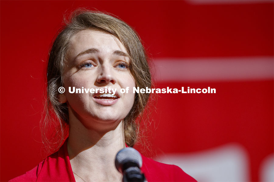 Hayley Shoemaker sings the National Anthem at the Graduate Commencement and Hooding at the Pinnacle Bank Arena. December 20, 2019. Photo by Craig Chandler / University Communication.
