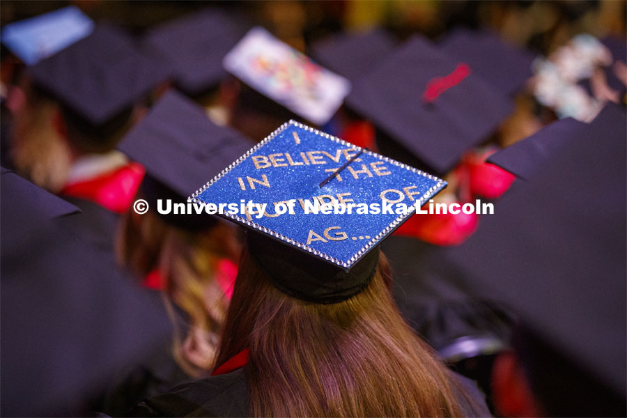 Decorated mortarboard. December Undergraduate commencement at Pinnacle Bank Arena. December 21, 2019. Photo by Craig Chandler / University Communication.