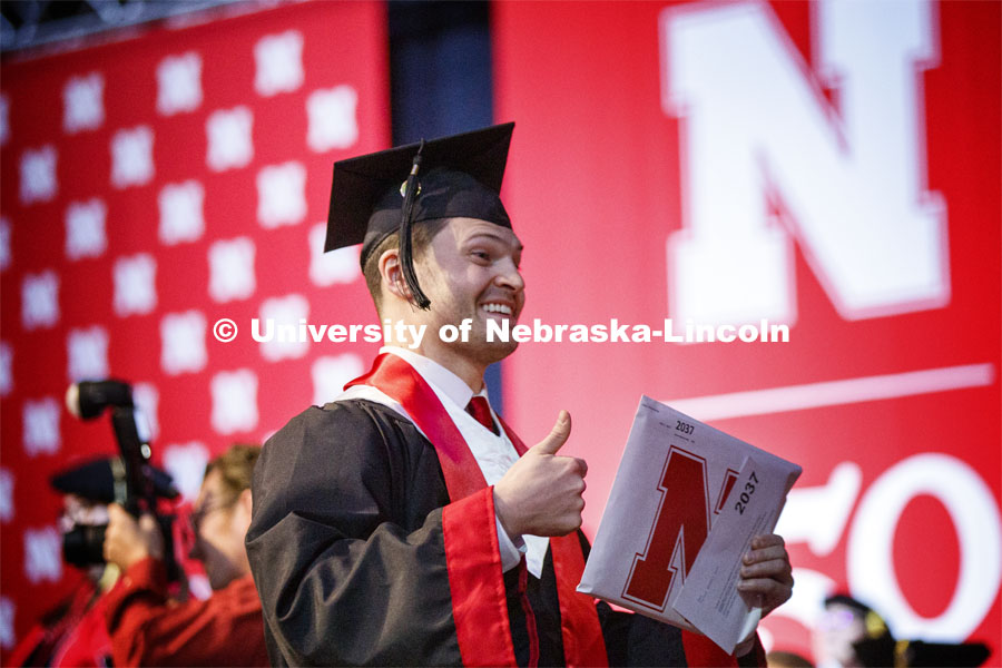 Tanner Haas celebrates his Engineering degree. December Undergraduate commencement at Pinnacle Bank Arena. December 21, 2019. Photo by Craig Chandler / University Communication.