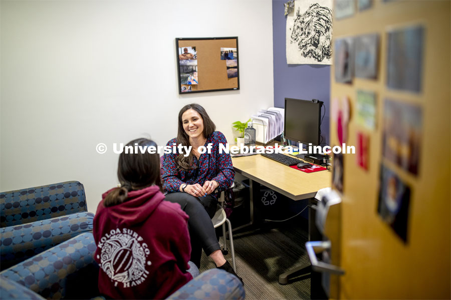 Through Nebraska's new Counselor-in-Residence program, graduate student Megan Lawrence is working inside of Abel-Sandoz residence halls to bring mental health services to the building's nearly 1,500 students. She is a Graduate Research Assistant in Child, Youth and Family Studies. January 15, 2020. Photo by Craig Chandler / University Communication. 