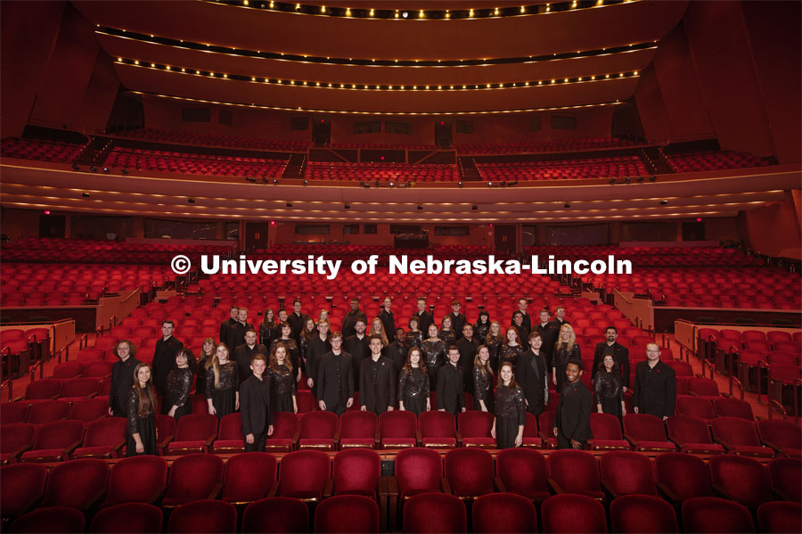University Singers group photo, photographed inside the Lied Center for Fine and Preforming Arts. January 15, 2020. Photo by Craig Chandler / University Communication.