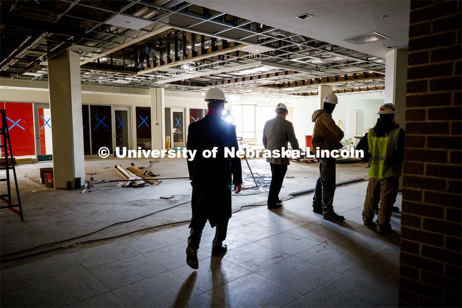 NU President Ted Carter tours the construction in the East Campus Union. January 16, 2020. Photo by Craig Chandler / University Communication.