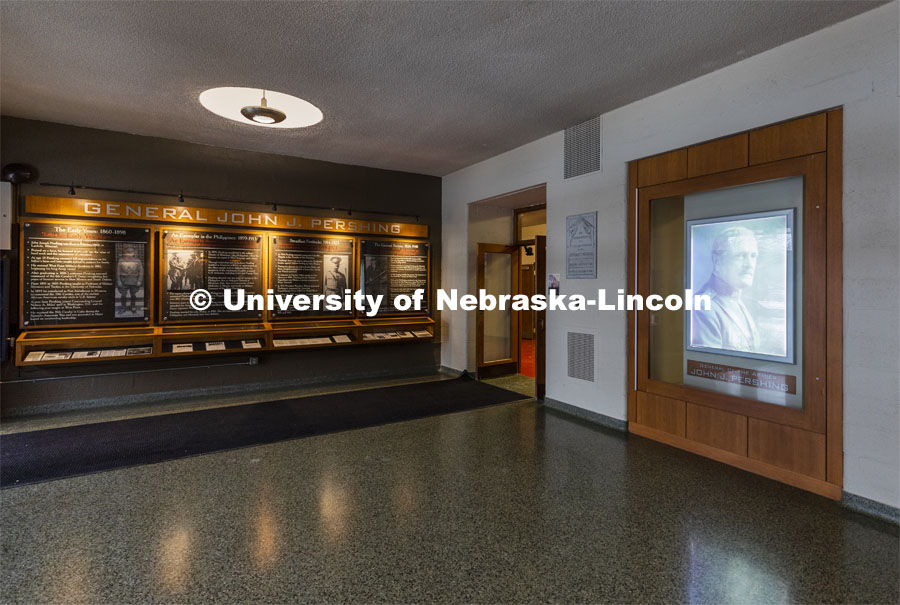 The John J. Pershing Memorial Timeline is housed in the lobby area of the Pershing Military and Naval Science building. January 17, 2020. Photo by Craig Chandler / University Communication.