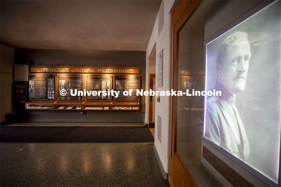 The John J. Pershing Memorial Timeline is housed in the lobby area of the Pershing Military and Naval Science building. January 17, 2020. Photo by Craig Chandler / University Communication.