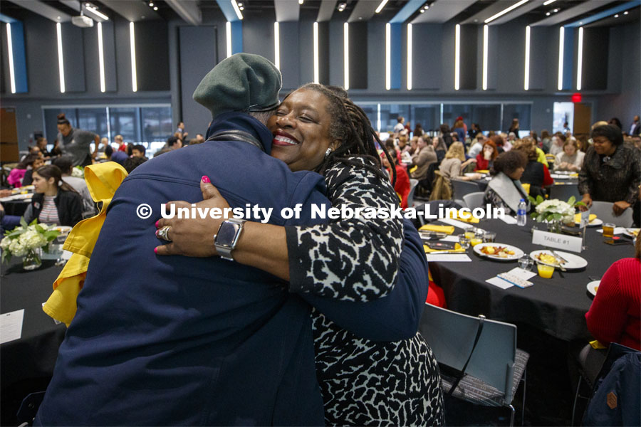 Karen Kassebaum, Director, Staff Diversity and Inclusion, hugs a friend before the brunch. MLK Brunch featuring Ruby Bridges. This year’s program featured a special keynote address by American civil rights activist Ruby Bridges and the awarding of the annual Chancellor’s “Fulfilling the Dream” Award to Nebraska Law professor and interim dean Anna Shavers. January 22, 2020. Photo by Craig Chandler / University Communication.