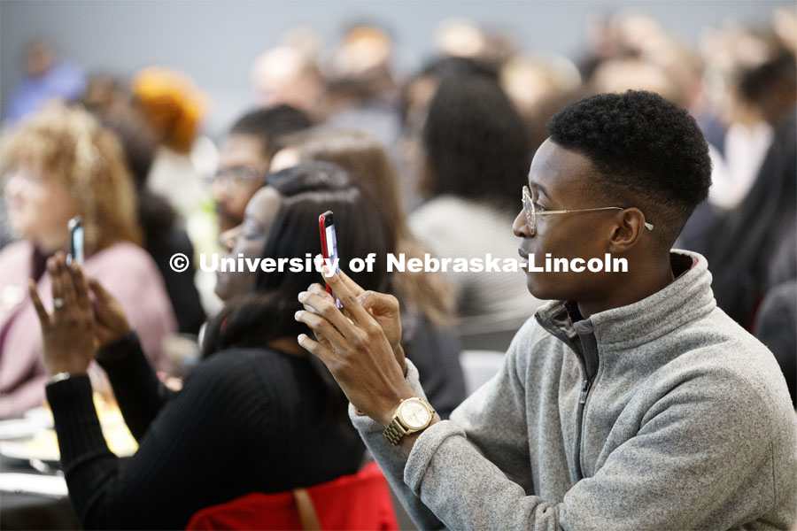 Temi Onayemi videos Ramarro Lamar's musical performance as part of the MLK Brunch featuring Ruby Bridges. This year’s program featured a special keynote address by American civil rights activist Ruby Bridges and the awarding of the annual Chancellor’s “Fulfilling the Dream” Award to Nebraska Law professor and interim dean Anna Shavers. January 22, 2020. Photo by Craig Chandler / University Communication.