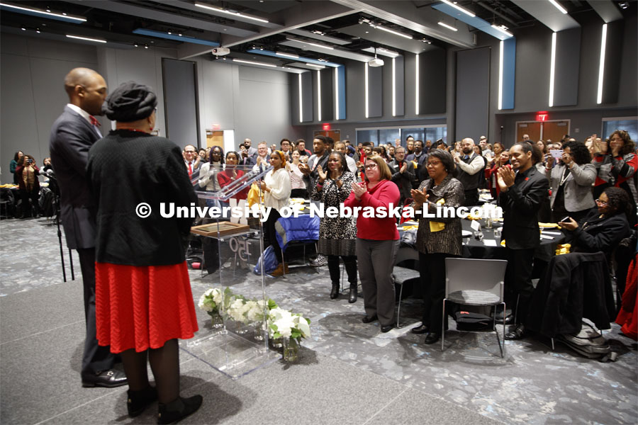 Anna Shavers receives a standing ovation on being honored with the Fulfilling the Dream award. MLK Brunch featuring Ruby Bridges. This year’s program featured a special keynote address by American civil rights activist Ruby Bridges and the awarding of the annual Chancellor’s “Fulfilling the Dream” Award to Nebraska Law professor and interim dean Anna Shavers. January 22, 2020. Photo by Craig Chandler / University Communication.