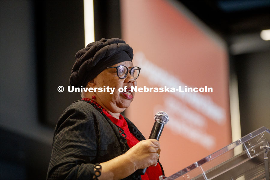 Anna Shavers speaks to the crowd. MLK Brunch featuring Ruby Bridges. This year’s program featured a special keynote address by American civil rights activist Ruby Bridges and the awarding of the annual Chancellor’s “Fulfilling the Dream” Award to Nebraska Law professor and interim dean Anna Shavers. January 22, 2020. Photo by Craig Chandler / University Communication.