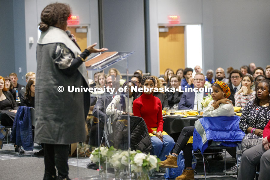 A crowd of 275 listen to Ruby Bridges. This year’s program featured a special keynote address by American civil rights activist Ruby Bridges and the awarding of the annual Chancellor’s “Fulfilling the Dream” Award to Nebraska Law professor and interim dean Anna Shavers. January 22, 2020. Photo by Craig Chandler / University Communication.
