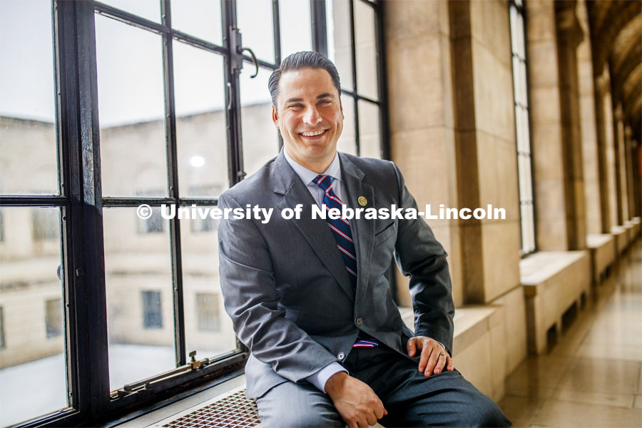 Heath Mello, lobbyist for University of Nebraska, is an avid chess player. He is shown in the state capitol. January 24, 2020. Photo by Craig Chandler / University Communication.