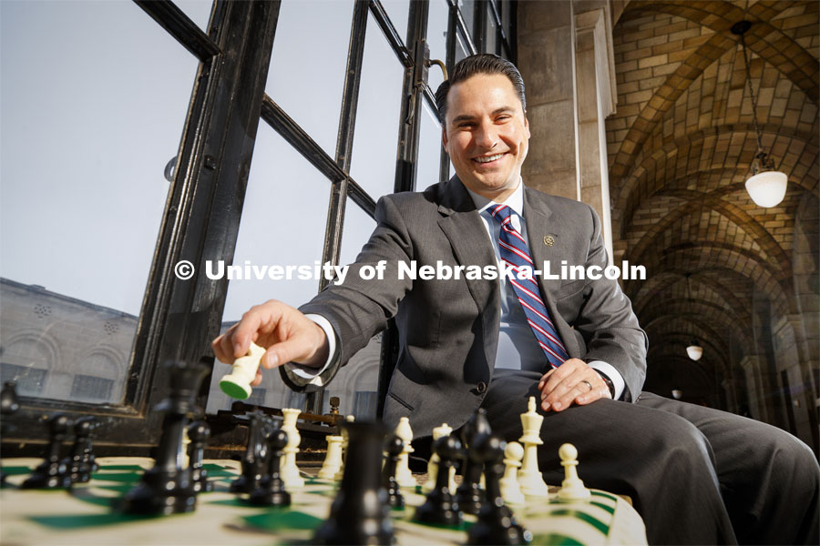 Heath Mello, lobbyist for University of Nebraska, is an avid chess player. He is shown in the state capitol. January 24, 2020. Photo by Craig Chandler / University Communication.
