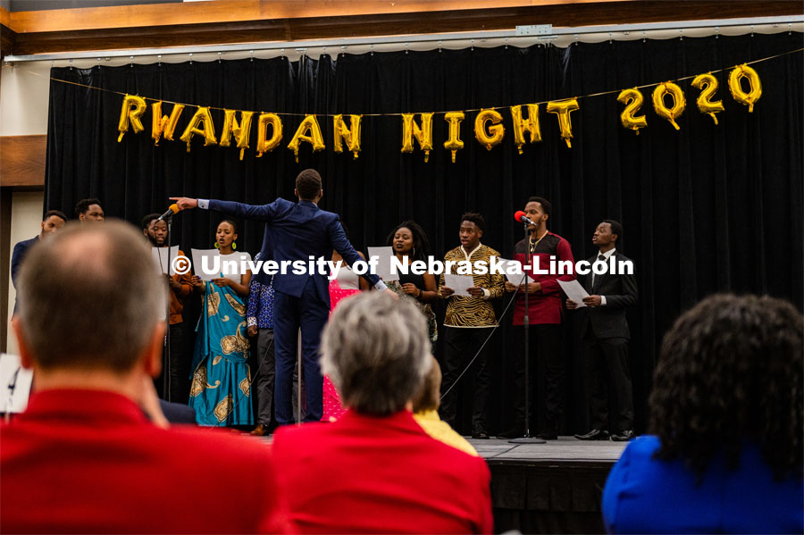 A choir of Huskers sings during the University of Nebraska–Lincoln's Rwanda Night celebration in the Nebraska Union's Centennial Room. The annual event feature Rwandan-inspired cuisine, dancing and traditional music. February 1, 2020. Photo by Justin Mohling / University Communication.