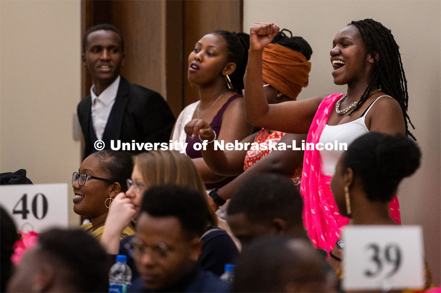 Students cheering on the choir of Huskers singing during the University of Nebraska–Lincoln's Rwanda Night celebration in the Nebraska Union's Centennial Room. The annual event feature Rwandan-inspired cuisine, dancing and traditional music. February 1, 2020. Photo by Justin Mohling / University Communication.