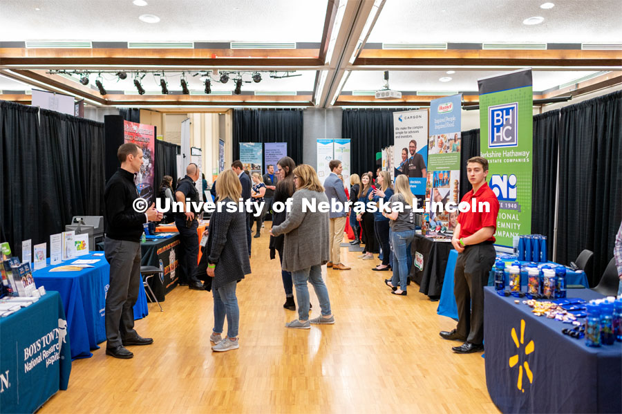Employers are able to talk with students about possible employment at the Spring University Career Fair in the Nebraska Union. February 11, 2020. Photo by Justin Mohling / University Communication.