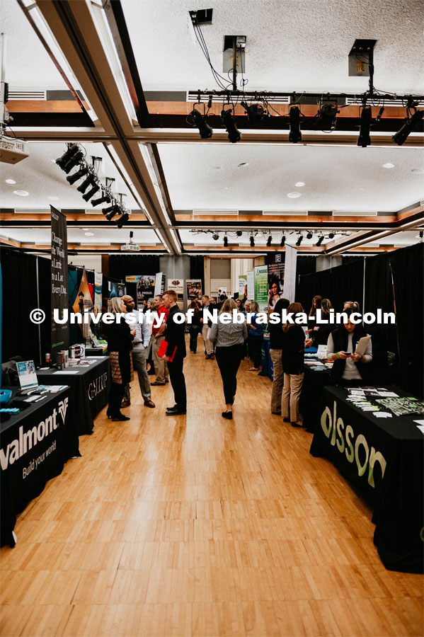 Employers are able to talk with students about possible employment at the Spring University Career Fair in the Nebraska Union. February 11, 2020. Photo by Justin Mohling / University Communication.