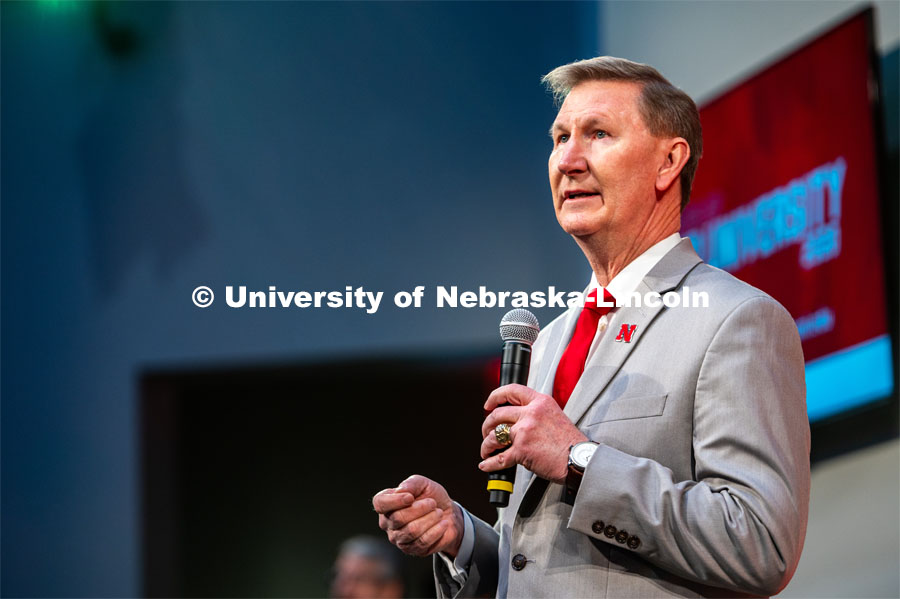 UNL President, Ted Carter, introduces Chancellor Ronnie Green. The N2025 strategic plan was released by Chancellor Ronnie Green during the State of Our University address. The Address was held at Innovation Campus. February 14, 2020. Photo by Justin Mohling / University Communication.