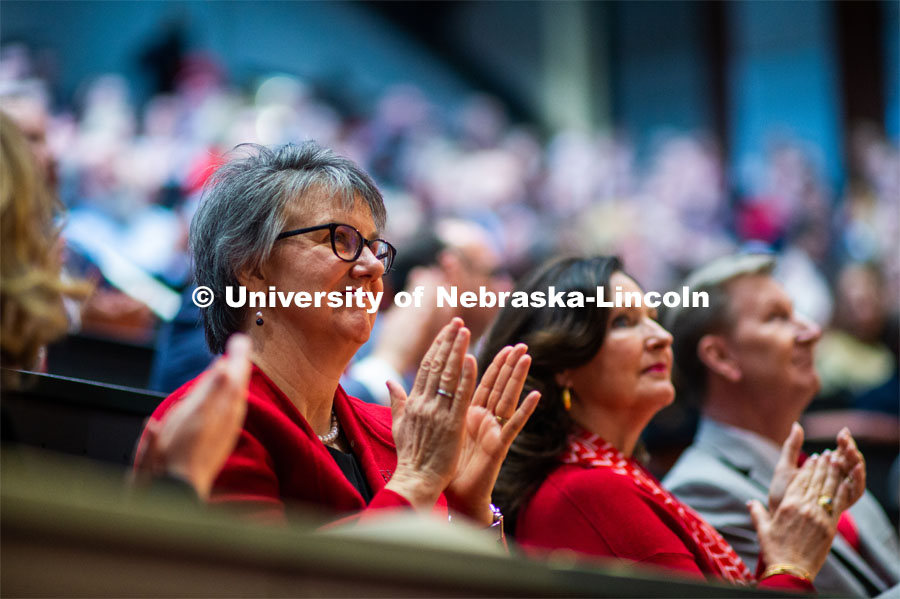 Chancellor Ronnie Green's wife, Jane, applauds. The N2025 strategic plan was released by Chancellor Ronnie Green during the State of Our University address. The Address was held at Innovation Campus. February 14, 2020. Photo by Justin Mohling / University Communication.