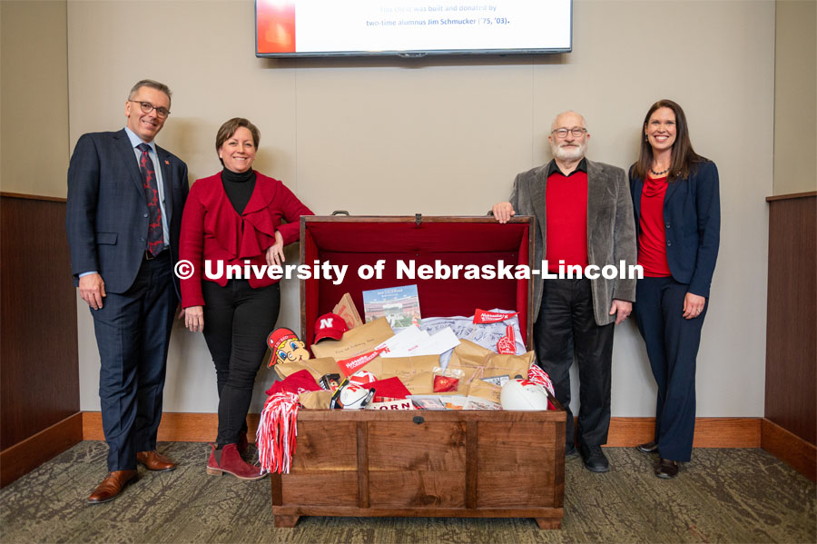 From left are Chancellor Ronnie Green, Kirstin Wilder, Jim Schmucker and Shelley Zaborowski. Schmucker created the chest from black walnut over the course of three months. A new time capsule, set to be placed in the Wick Alumni Center, has captured the spirit of Nebraska's 150th year for future generations of Huskers. Jim Schmucker, a University Alumnus, created the chest from black walnut that he’d saved from his father’s farm. The time capsule contains individual packages from a variety of campus organizations. The N2025 strategic plan was released by Chancellor Ronnie Green during the State of Our University address. The Address was held at Innovation Campus. February 14, 2020. Photo by Justin Mohling / University Communication.