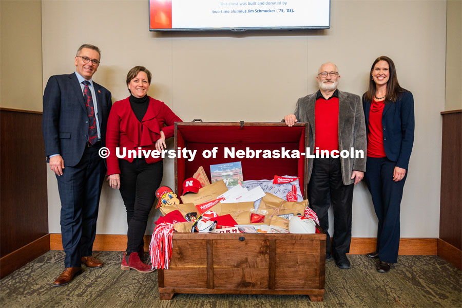 From left are Chancellor Ronnie Green, Kirstin Wilder, Jim Schmucker and Shelley Zaborowski. Schmucker created the chest from black walnut over the course of three months. A new time capsule, set to be placed in the Wick Alumni Center, has captured the spirit of Nebraska's 150th year for future generations of Huskers. Jim Schmucker, a University Alumnus, created the chest from black walnut that he’d saved from his father’s farm. The time capsule contains individual packages from a variety of campus organizations. The N2025 strategic plan was released by Chancellor Ronnie Green during the State of Our University address. The Address was held at Innovation Campus. February 14, 2020. Photo by Justin Mohling / University Communication.