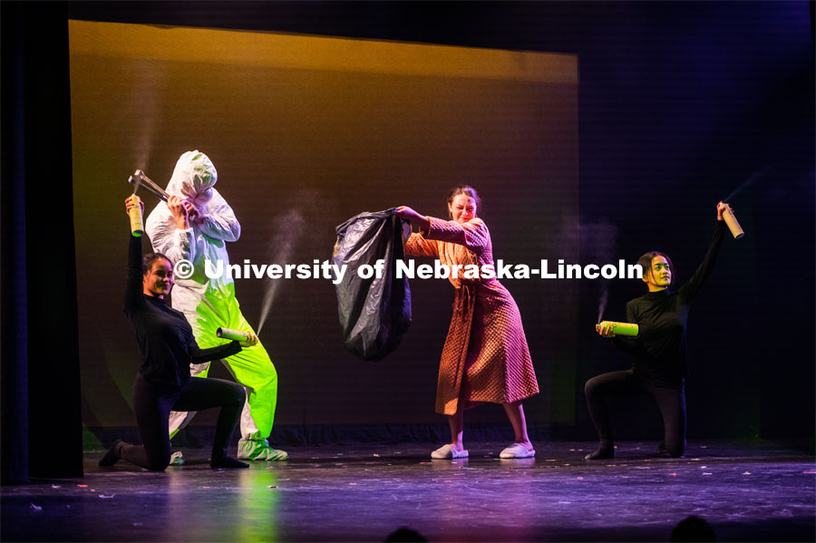 Nebraska Repertory Theatre's production of "A Thousand Words". The original play by students in a course led by Andy Park, the Rep's artistic director, features more than 100 large-scale puppets. The grandpa character features two puppeteers, with Actor Philip Crawford (in black morph suit), controlling the main body and left arm, and Matt Blom, a sophomore theatre arts major, operating the right arm. Performances are Feb. 14-23 in the Temple Building's Howell Theatre. February 19, 2020. Photo by Justin Mohling / University Communication.