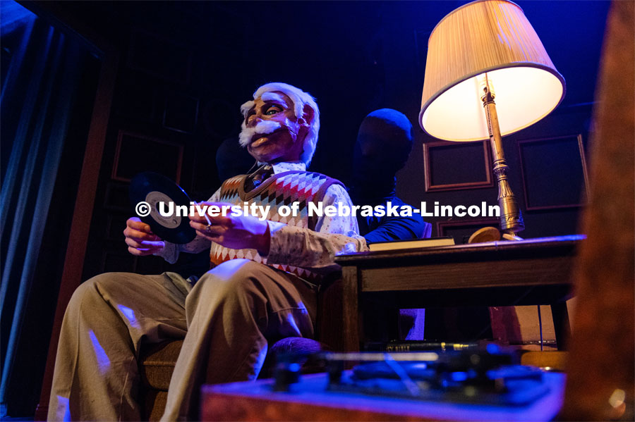 Nebraska Repertory Theatre's production of "A Thousand Words". The original play by students in a course led by Andy Park, the Rep's artistic director, features more than 100 large-scale puppets. The grandpa character features two puppeteers, with Actor Philip Crawford (in black morph suit), controlling the main body and left arm, and Matt Blom, a sophomore theatre arts major, operating the right arm. Performances are Feb. 14-23 in the Temple Building's Howell Theatre. February 19, 2020. Photo by Justin Mohling / University Communication.