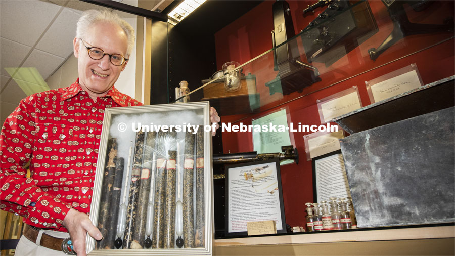 Mark Griep, professor of chemistry, holds the saccharometers Rachel Lloyd used in the late 19th century to study sugar beets grown in Nebraska. Lloyd's research helped establish a sugar beet industry in the state, providing economic development. February 24, 2020. Photo by Gregory Nathan / University Communication.