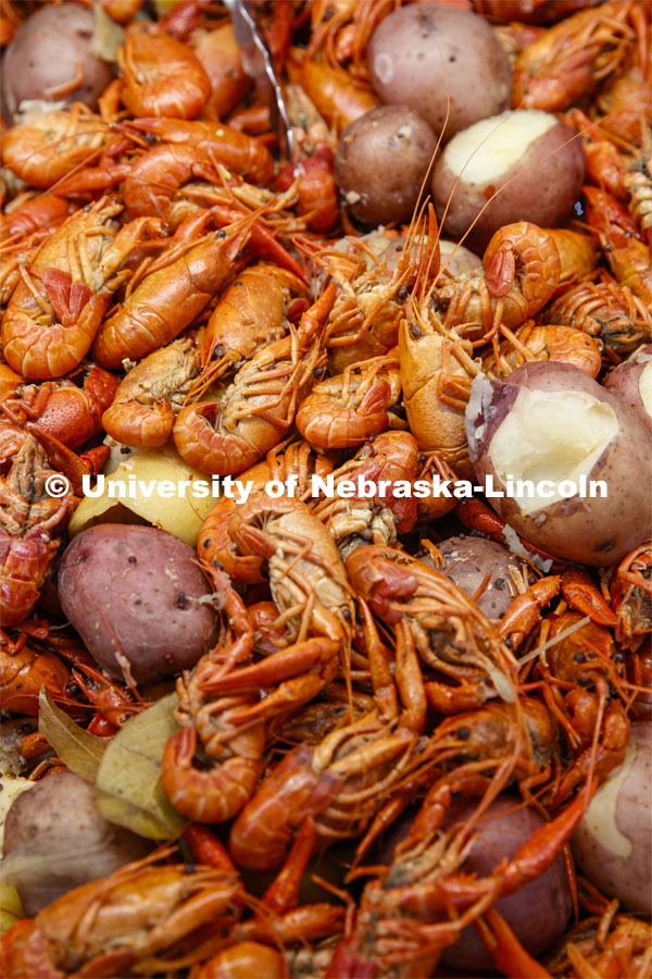 Crawfish await diners for the Mardi Gras special meal at East Campus Dining Center. February 25, 2020. Photo by Craig Chandler / University Communication.
