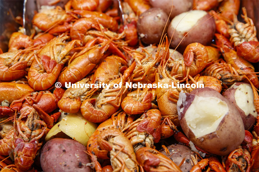 Crawfish await diners for the Mardi Gras special meal at East Campus Dining Center. February 25, 2020. Photo by Craig Chandler / University Communication.