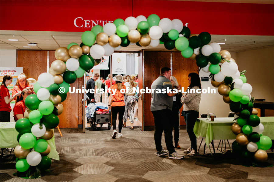 The entrance to the dance marathon is decorated with a balloon arch. University of Nebraska–Lincoln students exceeded their goal, raising $235,229 during the annual HuskerThon on Feb. 29. Also known as Dance Marathon, the event is part of a nationwide fundraiser supporting Children’s Miracle Network Hospitals. The annual event, which launched in 2006, is the largest student philanthropic event on campus. The mission of the event encourages participants to, “dance for those who can’t.” All funds collected by the Huskers benefit the Children’s Hospital and Medical Center in Omaha. February 29, 2020. Photo by Justin Mohling / University Communication.
