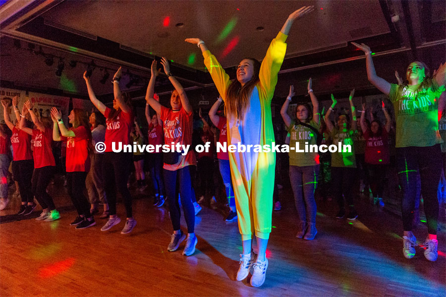 Students doing morale dance for the dance marathon. University of Nebraska–Lincoln students exceeded their goal, raising $235,229 during the annual HuskerThon on Feb. 29. Also known as Dance Marathon, the event is part of a nationwide fundraiser supporting Children’s Miracle Network Hospitals. The annual event, which launched in 2006, is the largest student philanthropic event on campus. The mission of the event encourages participants to, “dance for those who can’t.” All funds collected by the Huskers benefit the Children’s Hospital and Medical Center in Omaha. February 29, 2020. Photo by Justin Mohling / University Communication.